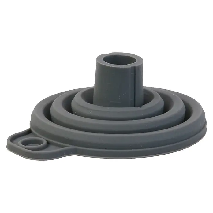 Embudo retráctil - Material: Silicona, Blanco roto, gris y burdeos - Primer plano de un embudo de silicona gris plegable, completo con un orificio conveniente para colgarlo.