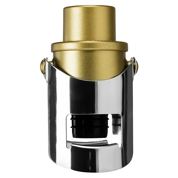 Tapón de botella Cava Air Pump - Ø x Al: 3,5 x 8 cm, Específico para: Cava - Primer plano de un tapón de champán metálico y dorado.
