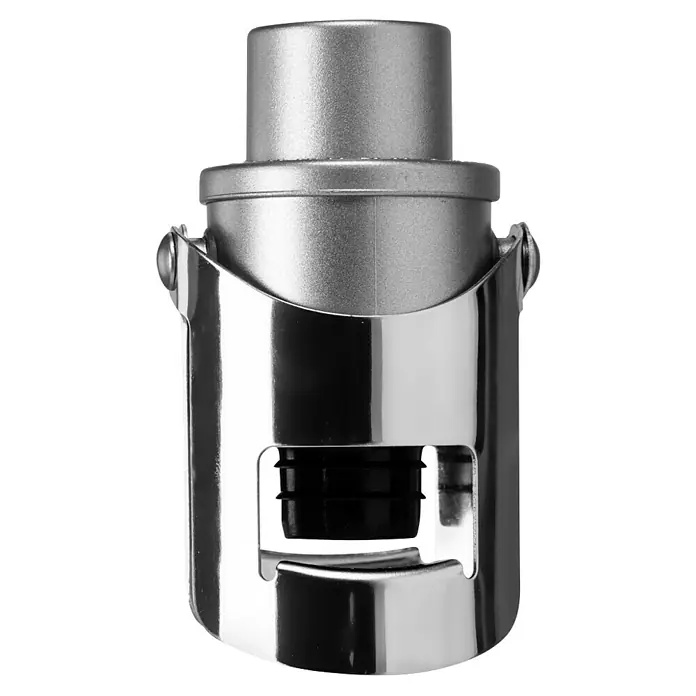 Tapón de botella Cava Air Pump - Ø x Al: 3,5 x 8 cm, Específico para: Cava - Primer plano de un tapón de champán de metal pulido, que muestra un diseño elegante y funcional para la conservación segura del vino espumoso.