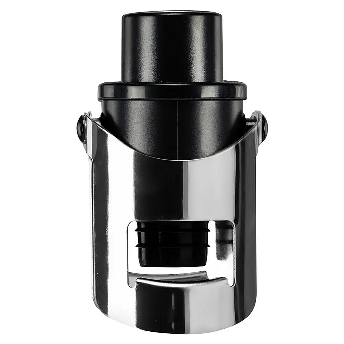 Tapón de botella Cava Air Pump - Ø x Al: 3,5 x 8 cm, Específico para: Cava - Primer plano de un tapón de botella de vino al vacío negro brillante con carcasa cromada, ideal para mantener el vino fresco.