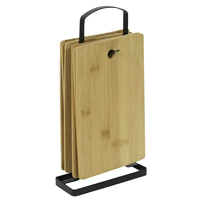 Set de tabla de cortar con soporte de metal - 6 ud., Bambú - Un conjunto de tablas de cortar de bambú con un práctico soporte negro. Perfecto para cualquier cocina para una preparación elegante.