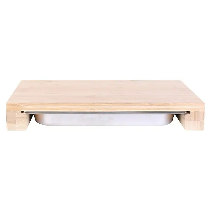 Tabla de cortar con cajón - 26,5 x 38,5 x 5,9 cm, Bambú - Tabla de cortar de madera clara con bandeja de acero inoxidable debajo para preparación de alimentos.