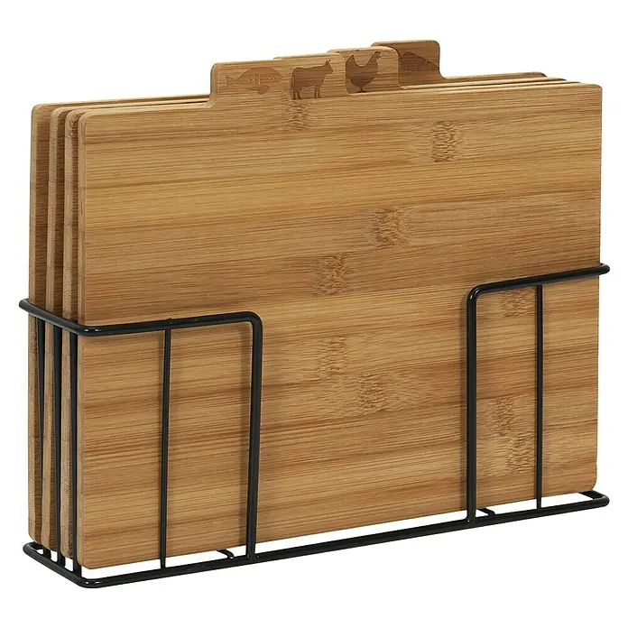 Set de tabla de cortar con soporte de metal - 4 ud., Bambú - Juego de tablas de cortar de bambú con iconos de animales en soporte negro. Accesorio de cocina práctico para una preparación higiénica.