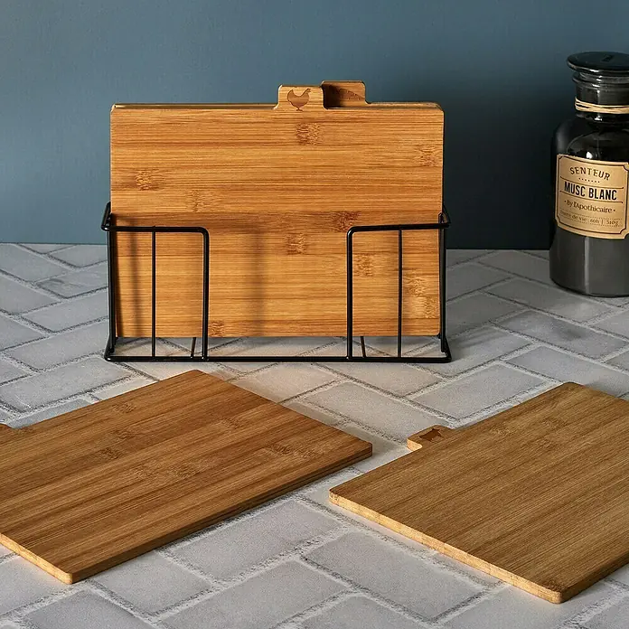 Set de tabla de cortar con soporte de metal - 4 ud., Bambú - Un primer plano de tablas de cortar de bambú con un soporte, que muestra un accesorio de cocina elegante y natural.
