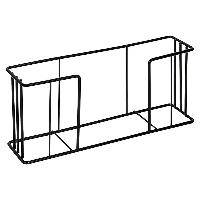 Set de tabla de cortar con soporte de metal - 4 ud., Bambú - Vista superior de un servilletero de alambre negro con forma rectangular. Ideal para hostelería y uso doméstico, diseñado para presentar las servilletas de forma ordenada.