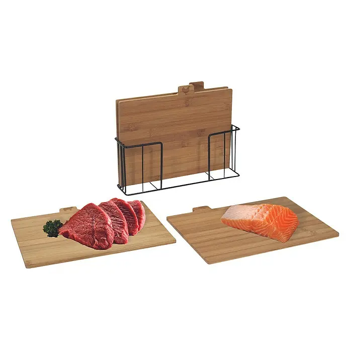 Set de tabla de cortar con soporte de metal - 4 ud., Bambú - Juego de tablas de cortar de bambú con carne, pescado y soporte. Ideal para la cocina para separar y procesar los alimentos higiénicamente.