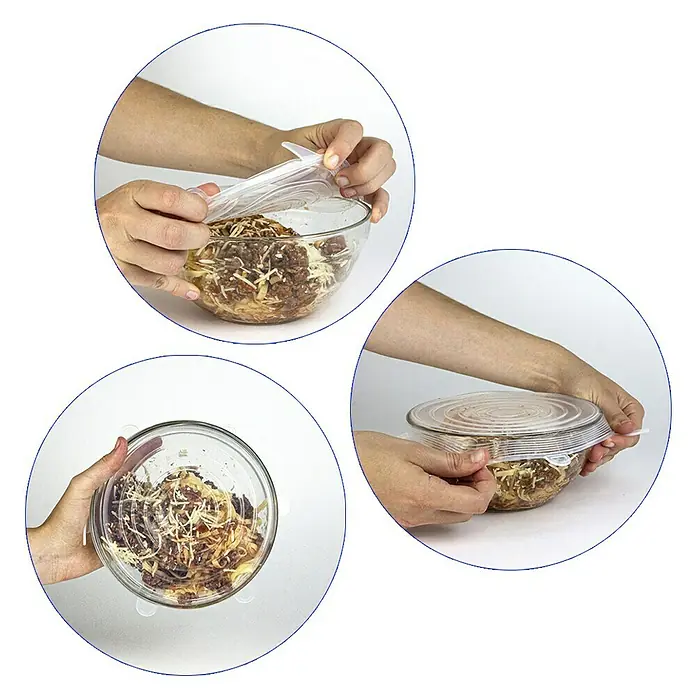 Set de tapas flexibles - 3 ud., Silicona - La imagen muestra una tapa de silicona transparente que se coloca sobre un tazón de comida para mantenerla fresca.