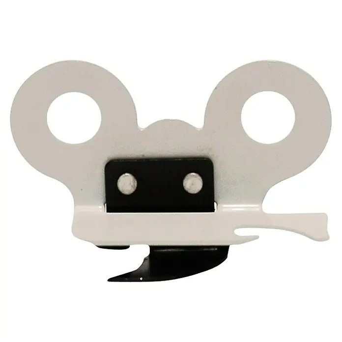 Abrelatas mariposa - 1 ud., Altura: 7,5 cm, Metal - Primer plano de un abrelatas blanco con detalles negros y una hoja afilada para abrir fácilmente los alimentos enlatados.