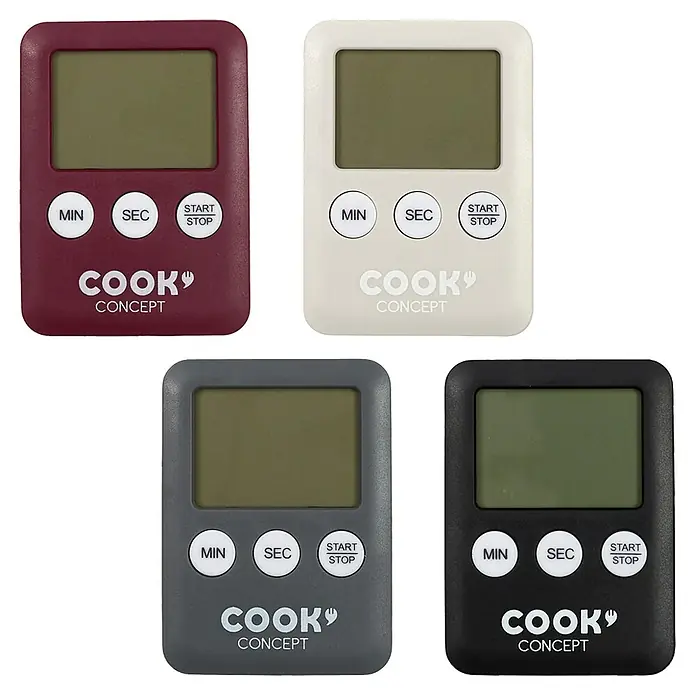 Temporizador digital - An x Al: 3,1 x 7 cm, Plástico - Cuatro temporizadores de cocina digitales Cook Concept en burdeos, blanco, gris y negro con botones redondos.