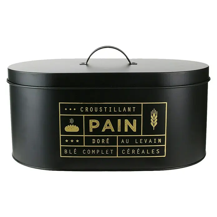 Panera con tapa - Específico para: Pan, Metal, Negro - Panera negra con impresión dorada "Pain", ideal para guardar pan y productos de panadería.