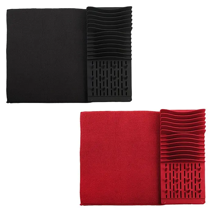 Escurreplatos plegable - 1 ud., L x An x Al: 45 x 59,5 x 4 cm - Alfombrilla de secado negra y roja con escurreplatos, ideal para encimeras de cocina.