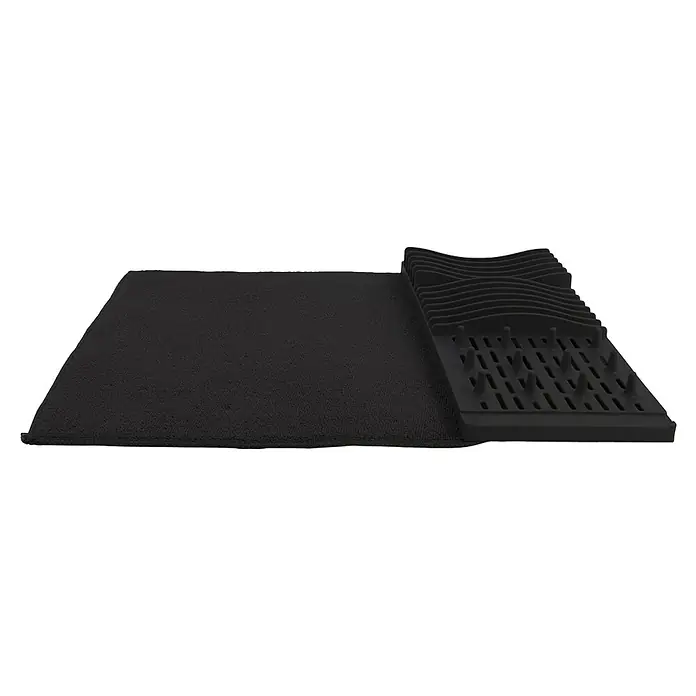 Escurreplatos plegable - 1 ud., L x An x Al: 45 x 59,5 x 4 cm - Un escurridor de platos negro con una alfombrilla de secado, ideal para secar platos y utensilios de cocina.