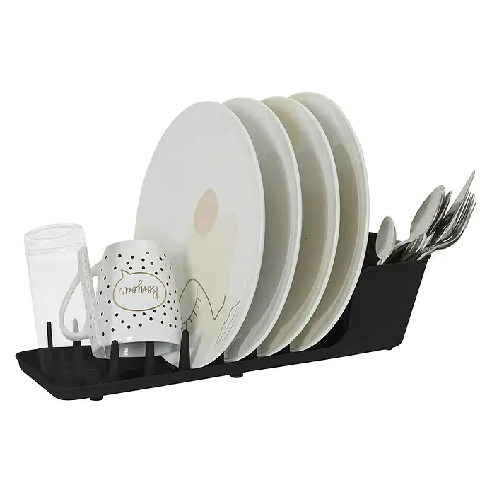 Escurreplatos compacto - L x An x Al: 13 x 44 x 10 cm, Plástico - Un escurreplatos negro con platos, una taza y cubiertos, ideal para secar la vajilla con estilo y eficiencia.