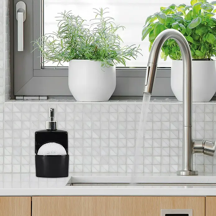 Dispensador de jabón con estropajo - L x An x Al: 10 x 9,3 x 19,5 cm, Mate - Fregadero con dispensador de jabón y soporte para esponja.