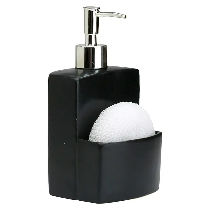 Dispensador de jabón con estropajo - L x An x Al: 10 x 9,3 x 19,5 cm, Mate - Dosificador de jabón negro con cesta para esponja y esponja de limpieza. Accesorio de cocina práctico, elegante y funcional.