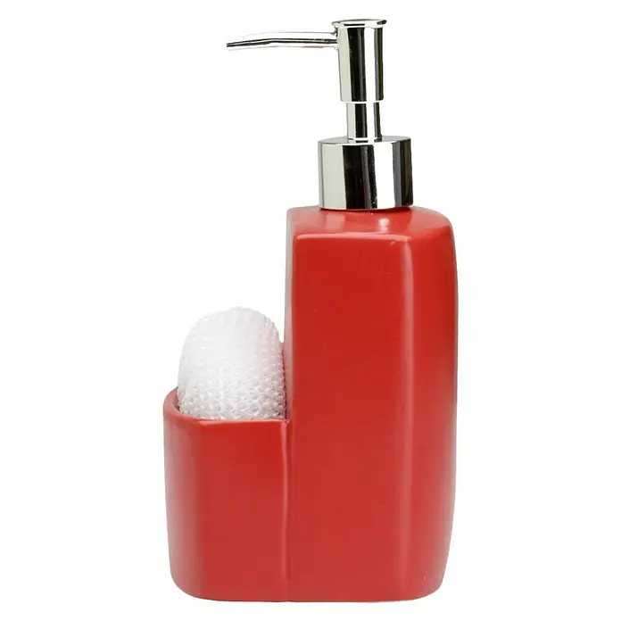 Dispensador de jabón con estropajo - L x An x Al: 10 x 9,3 x 19,5 cm, Mate - Dispensador de jabón rojo con soporte para esponja y una esponja blanca. El dispensador tiene un cabezal de bomba cromado.