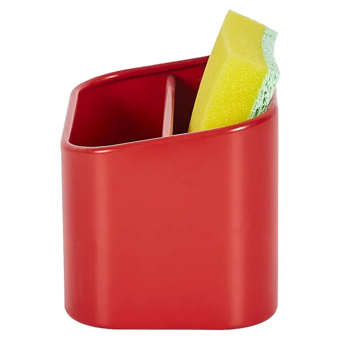 Cesta para la esponja de cocina - L x An x Al: 8 x 8 x 10 cm, Plástico - Soporte de utensilios de cocina rojo con una esponja amarilla. Ideal para guardar utensilios de lavado y organizar el área del fregadero.