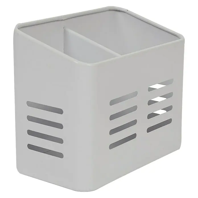 Prensa de cubiertos - 9 x 16 x 13 cm, Plástico, Gris/Negro - Portacubiertos de metal blanco con compartimentos y ranuras para guardar y secar utensilios de cocina.