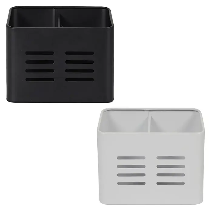 Prensa de cubiertos - 9 x 16 x 13 cm, Plástico, Gris/Negro - Dos escurridor de utensilios, uno en negro y otro en blanco, ambos con un interior dividido y ranuras de ventilación.