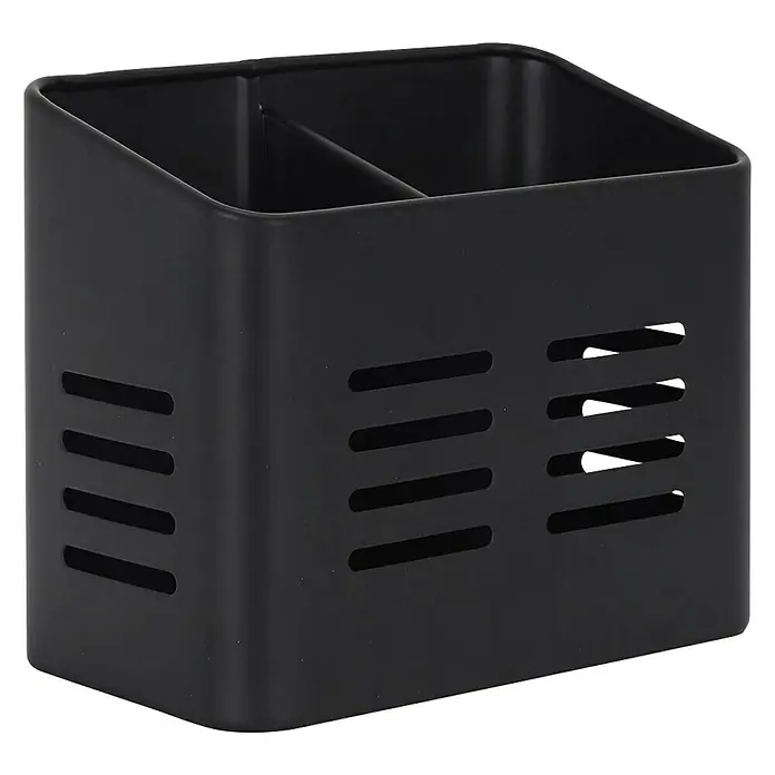Prensa de cubiertos - 9 x 16 x 13 cm, Plástico, Gris/Negro - Portautensilios negro rectangular con dos compartimentos y diseño de ranuras, ideal para el almacenamiento en la cocina.