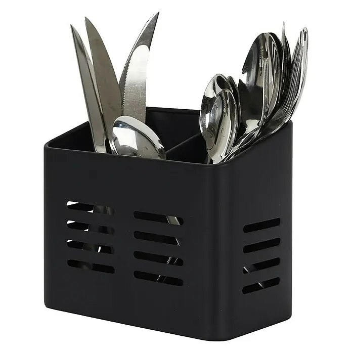 Prensa de cubiertos - 9 x 16 x 13 cm, Plástico, Gris/Negro - Portacubiertos de metal negro lleno de cuchillos, cucharas y tenedores. Almacenamiento práctico de utensilios de cocina.