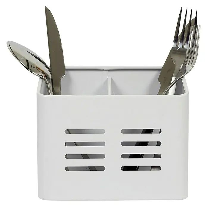 Prensa de cubiertos - 9 x 16 x 13 cm, Plástico, Gris/Negro - Porta cubiertos metálico blanco con cuchillo, tenedor y cuchara, diseñado para la organización de la cocina y el almacenamiento de plata.