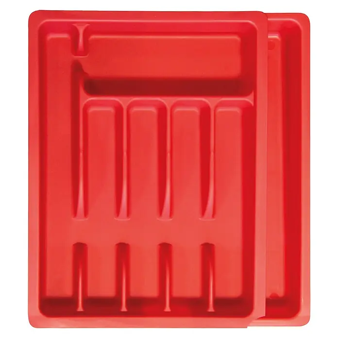Cubertero extensible - Plástico, Rojo/Negro/Gris - Bandeja para cubiertos roja con compartimentos de varios tamaños para guardar ordenadamente cuchillos, tenedores y cucharas en un cajón de cocina.