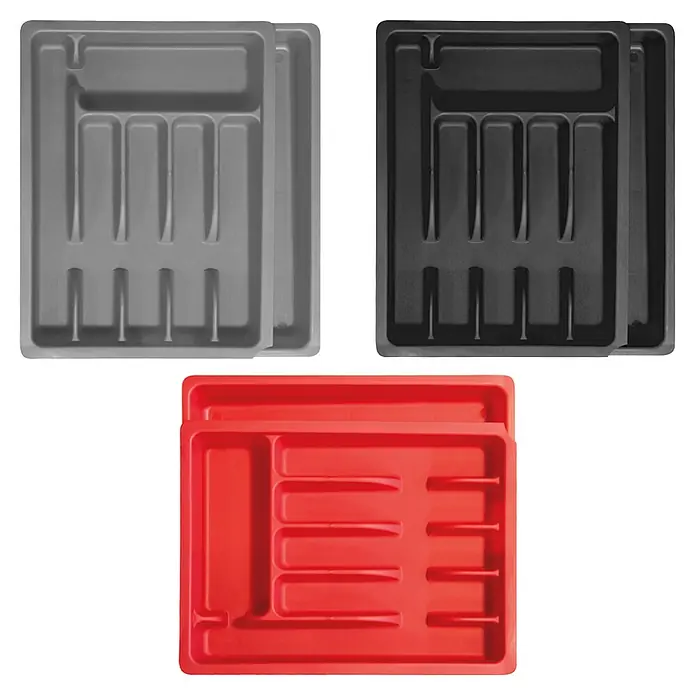 Cubertero extensible - Plástico, Rojo/Negro/Gris - La imagen muestra una bandeja para cubiertos de plástico gris, negra y roja con compartimentos para diferentes utensilios.