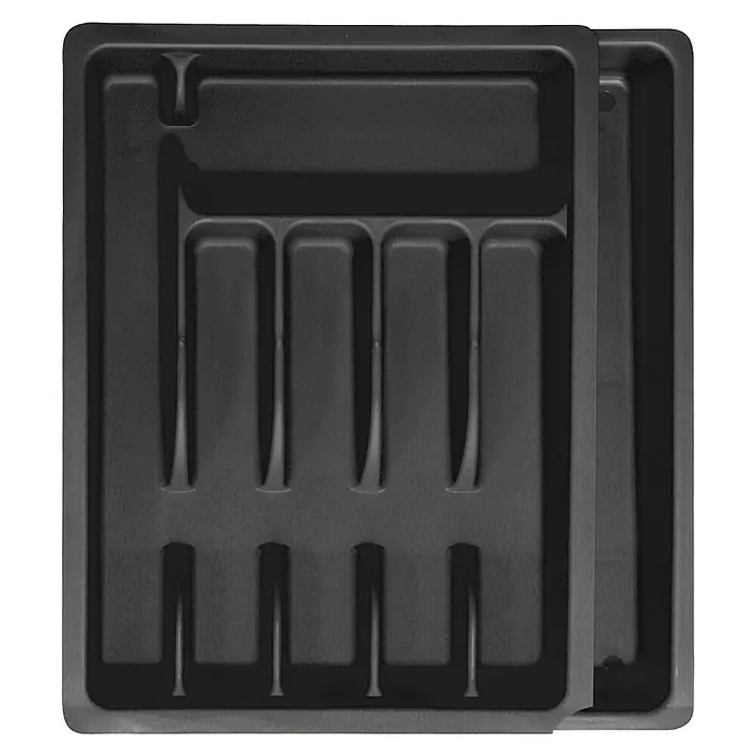 Cubertero extensible - Plástico, Rojo/Negro/Gris - Bandeja para cubiertos de plástico negro con compartimentos para guardar ordenadamente cuchillos, tenedores y cucharas en el cajón.