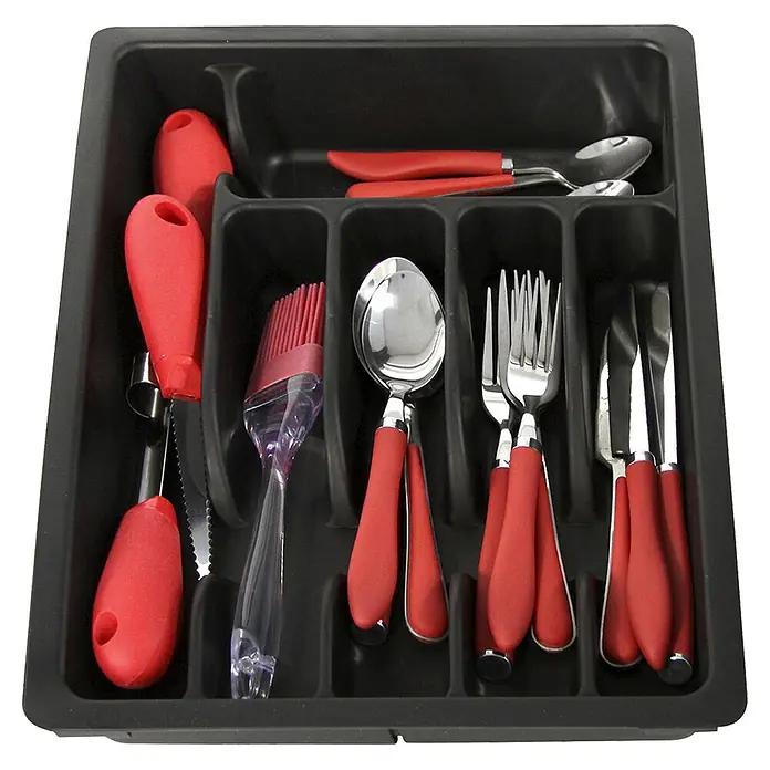 Cubertero extensible - Plástico, Rojo/Negro/Gris - Un cajón que muestra una bandeja de cubiertos gris que contiene utensilios de cocina con mango rojo como cuchillos, tenedores y cucharas.