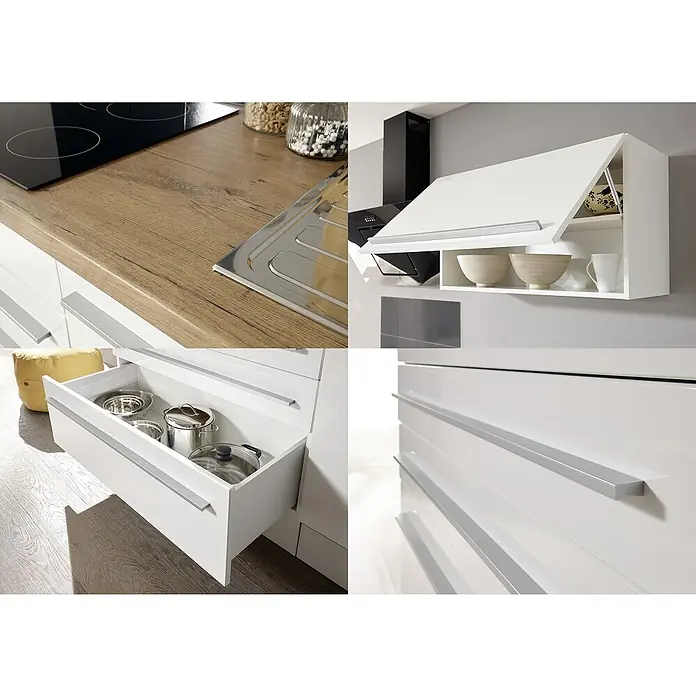 Respekta Küchenleerblock GabrielBreite: 290 cm, Weiß, Ohne Elektrogeräte - Küchendetails: Arbeitsplatte in Holzoptik, weiße Schränke mit modernen Griffen, offene Schublade mit Töpfen und Hängeschrank.