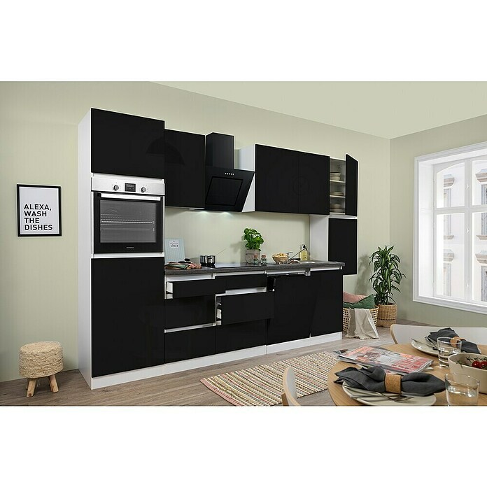 Respekta Premium Küchenleerblock Lorena (Breite: 330 cm, Schwarz, Hochglänzend, Dekor Arbeitsplatte: Steinoptik, Ohne Elektrogeräte) | BAUHAUS