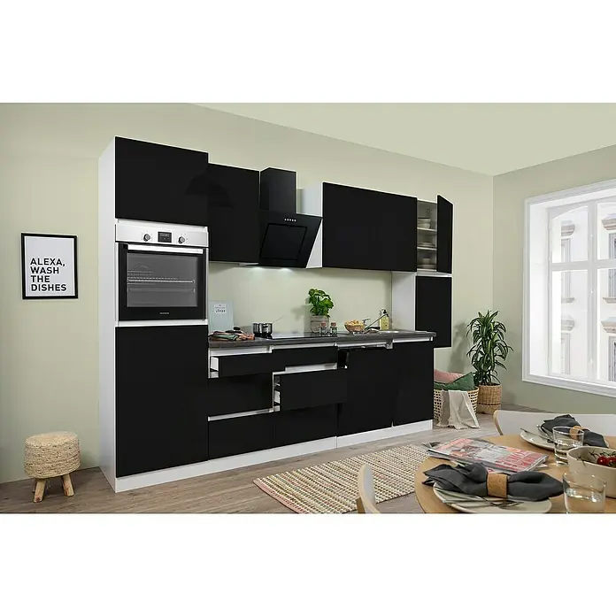 Respekta Premium Küchenleerblock LorenaBreite: 330 cm, Schwarz, Hochglänzend, Dekor Arbeitsplatte: Steinoptik, Ohne Elektrogeräte - Moderne Küche in Schwarz und Weiß mit integriertem Backofen und Dunstabzugshaube für ein stilvolles und funktionales Küchendesign.