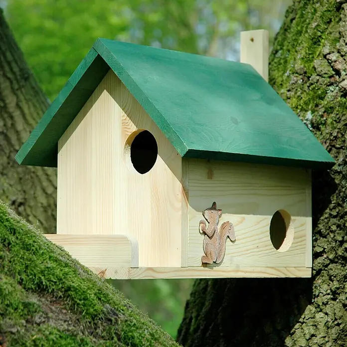 Dobar Eichhörnchenkobel - 41 x 31 x 37 cm, Mit Terrasse - Hübsches Vogelhaus mit grünem Dach und einer kleinen Eichhörnchen-Verzierung, montiert an einem Baumstamm im Garten.