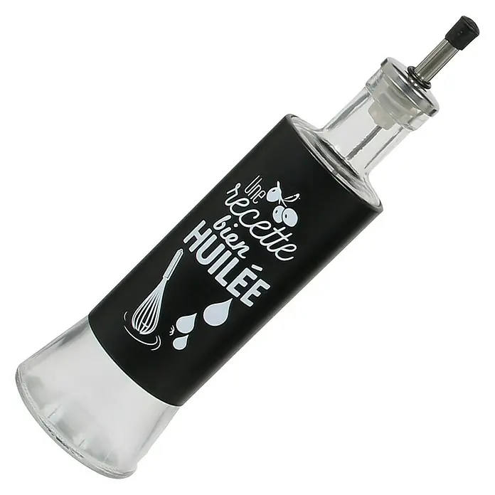 Aceitera y vinagrera - Vidrio, 250 ml - Elegante botella de aceite con la inscripción "Une recette bien huilée".