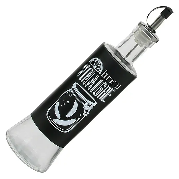 Aceitera y vinagrera - Vidrio, 250 ml - Dosificador de vinagre con inscripción "Tourner au Vinaigre" y diseño de pepinos. Práctico y decorativo para cocina y mesa.