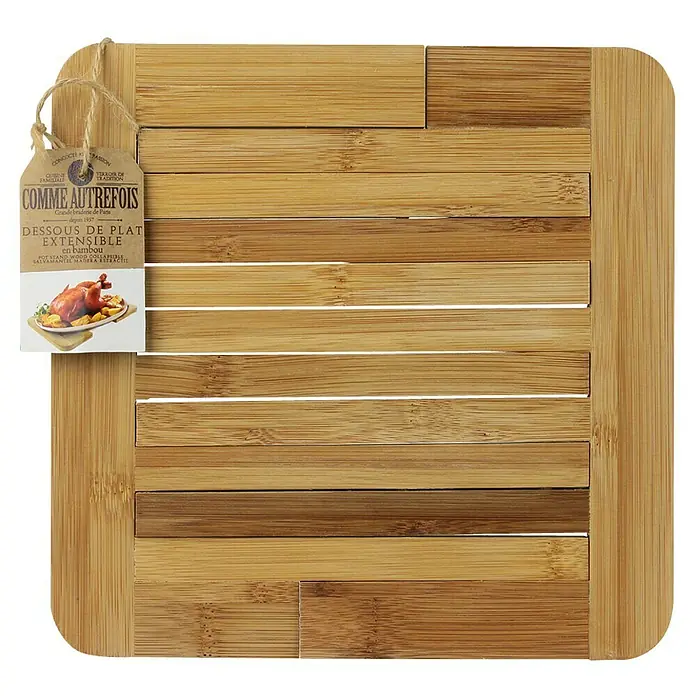 Salvamantel extensible - 21,5 x 30,5 x 1,3 cm, Bambú - Salvamanteles de bambú "Comme Autrefois" con etiqueta práctica, ideal para cocina y mesa.