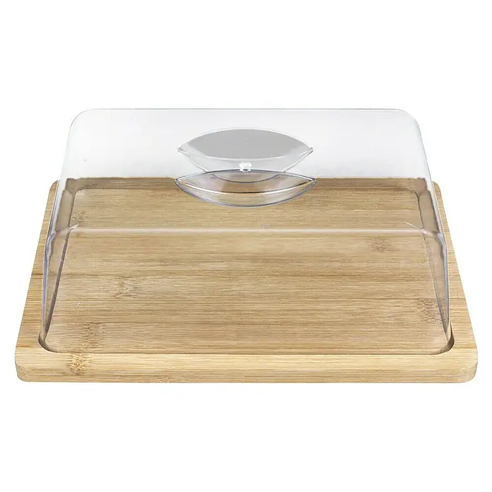 Quesera con tapa - L x An x Al: 18,5 x 24 x 7,6 cm, Bambú - Elegante campana de queso con tabla de madera y tapa transparente. Ideal para una presentación elegante y el almacenamiento de queso.