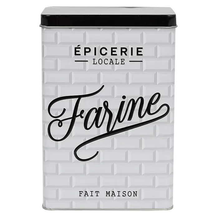 Recipiente de almacenaje de metal Brooklyn - L x An x Al: 7,8 x 12,2 x 18,5 cm, Específico para: Harinas - Lata etiquetada como "Épicerie Locale Farine Fait Maison", perfecta para guardar harina en la cocina.