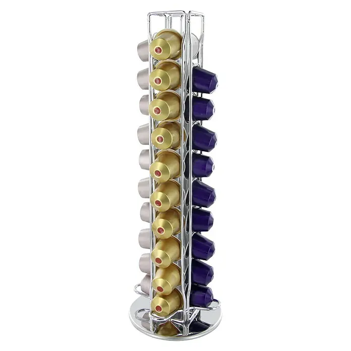 Dispensador de cápsulas de café - Ø x Al: 11,2 x 37 cm, 40 cápsulas - Soporte para cápsulas con cápsulas Nespresso. El producto es un soporte plateado, lleno de varias cápsulas de café en oro, morado y plata.