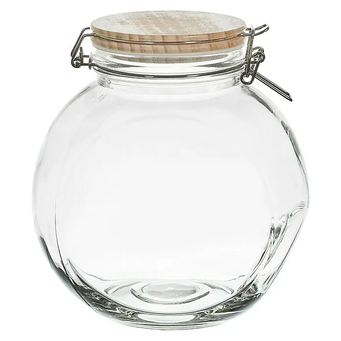Frasco con cierre mecánico - Vidrio, 2,2 l - Un tarro de almacenamiento vacío con tapa de madera y cierre de metal. Perfecto para guardar alimentos, manualidades u otros artículos.