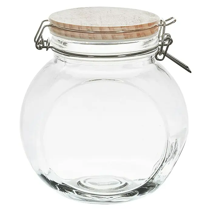 Frasco con cierre mecánico - Vidrio, 1,7 l - Tarro de almacenamiento esférico con tapa de madera y cierre de clip, ideal para almacenamiento en cocina y hogar.