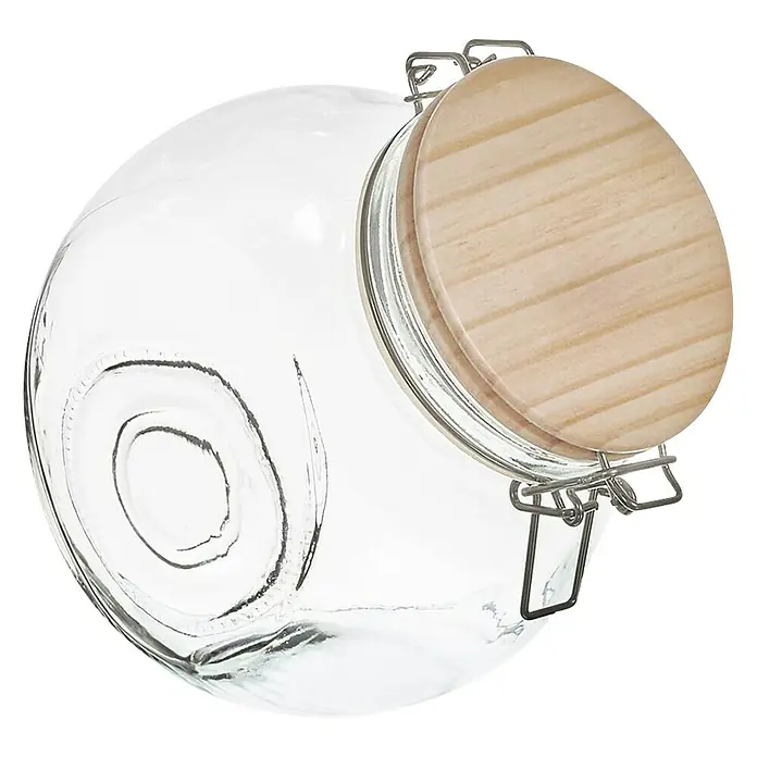 Frasco con cierre mecánico - Vidrio, 1,7 l - Un tarro de vidrio transparente con una tapa de madera clara y cierre metálico, ideal para el almacenamiento.