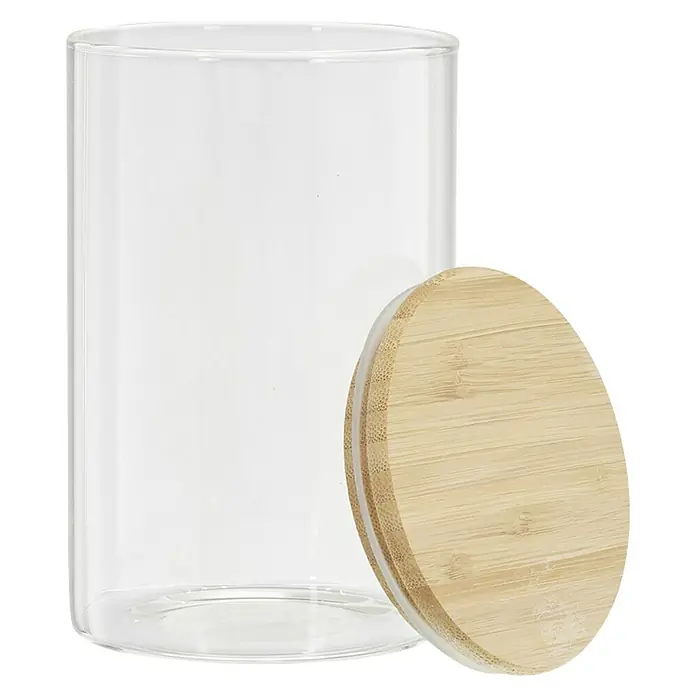Frasco de vidrio con tapa - Ø x Al: 10 x 16 cm, 1 l - Un tarro de vidrio transparente con una tapa de madera clara, perfecto para guardar alimentos u objetos decorativos.
