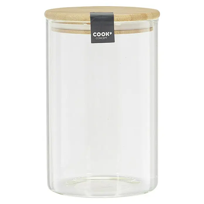 Frasco de vidrio con tapa - Ø x Al: 10 x 16 cm, 1 l - Un frasco de almacenamiento transparente con tapa de madera clara y una etiqueta oscura de "COOK Concept", ideal para alimentos.