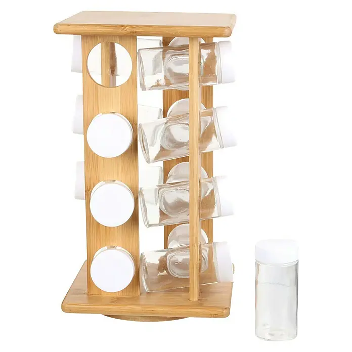 Especiero giratorio - Específico para: 16 botes, L x An x Al: 17,5 x 17,5 x 31 cm - La imagen muestra un especiero giratorio de bambú con recipientes de vidrio vacíos y tapas blancas. Un solo vaso se sienta al lado.
