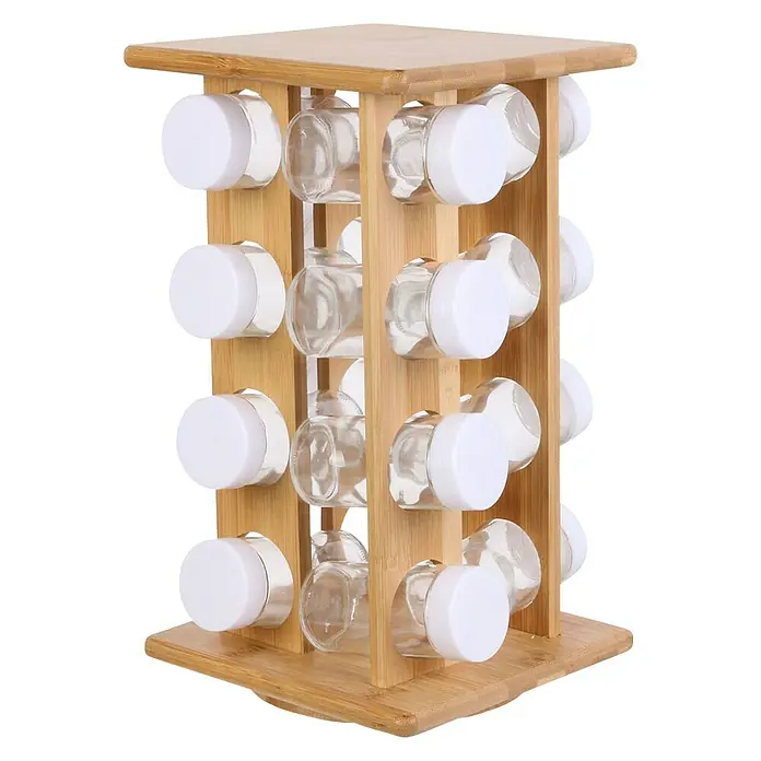 Especiero giratorio - Específico para: 16 botes, L x An x Al: 17,5 x 17,5 x 31 cm - Especiero giratorio de bambú con 16 frascos para especias y tapas blancas, ideal para organizar tus especias en la cocina.