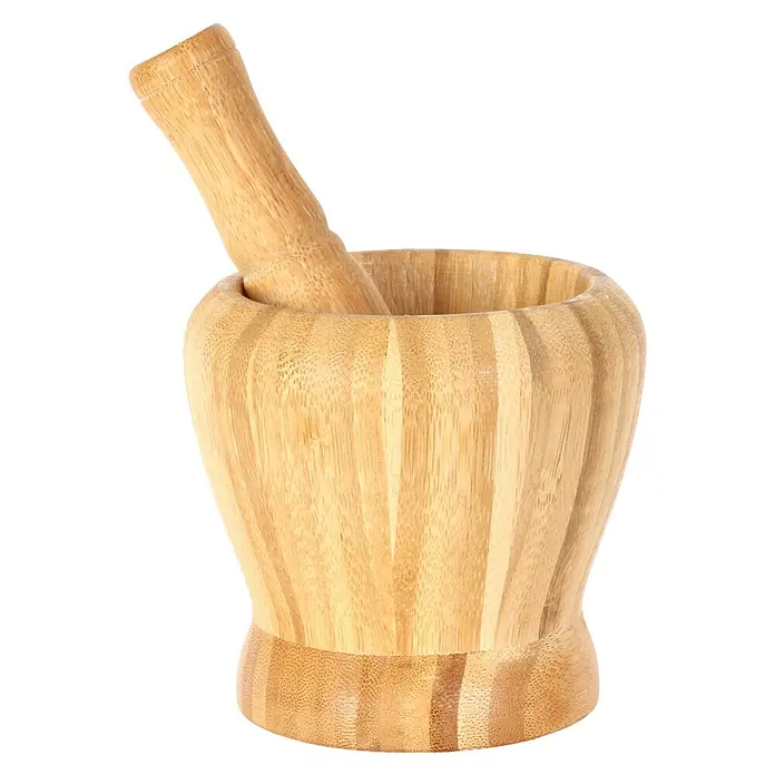 Mortero de cocina - Ø x Al: 10,5 x 16,7 cm, Bambú - Juego de mortero y maja de madera. Un utensilio de cocina de madera clara, ideal para triturar hierbas y especias.\n