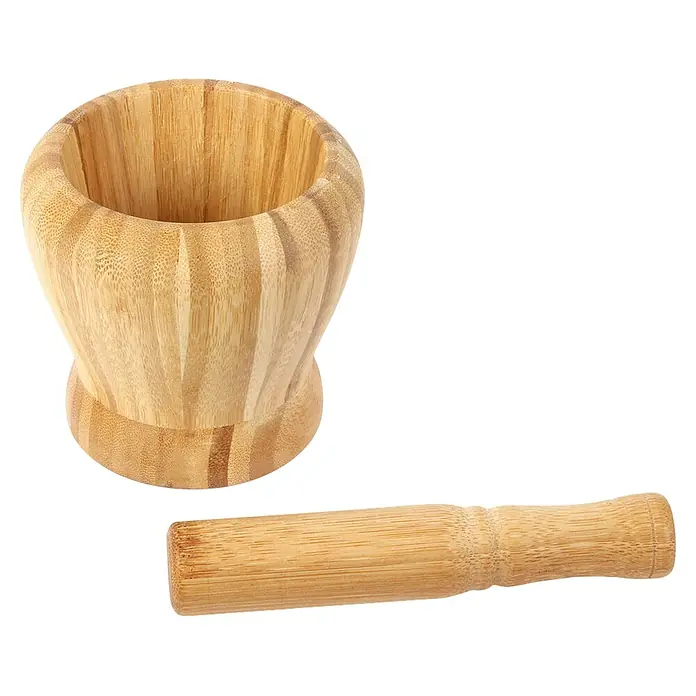 Mortero de cocina - Ø x Al: 10,5 x 16,7 cm, Bambú - Mortero de bambú con mano, ideal para moler hierbas y especias en la cocina. Utensilio de cocina práctico.