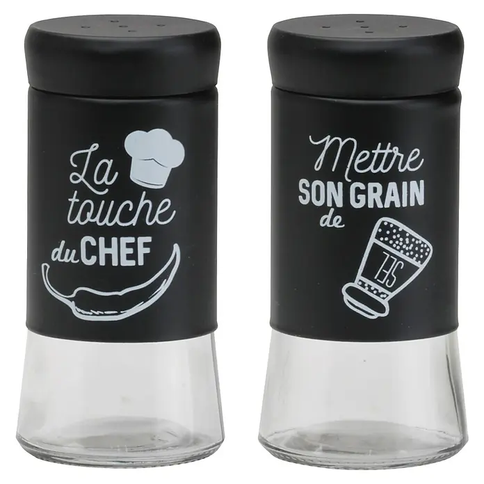 Salero o pimentero - Ø x Al: 5,5 mm x 10,5 cm, 120 ml - Dos saleros con tapa negra y estampados, uno para pimienta, uno para sal, ideales para la cocina.